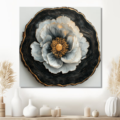 Rueda, pivoines de Goldern abstraites sur bois foncé, diapositive III - pivoines, art mural pour le salon