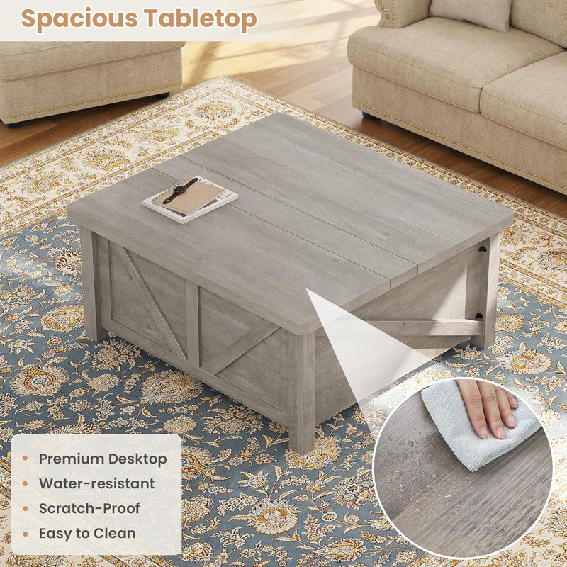 Gray Square Wood Lift-Top Coffee Table with Storage