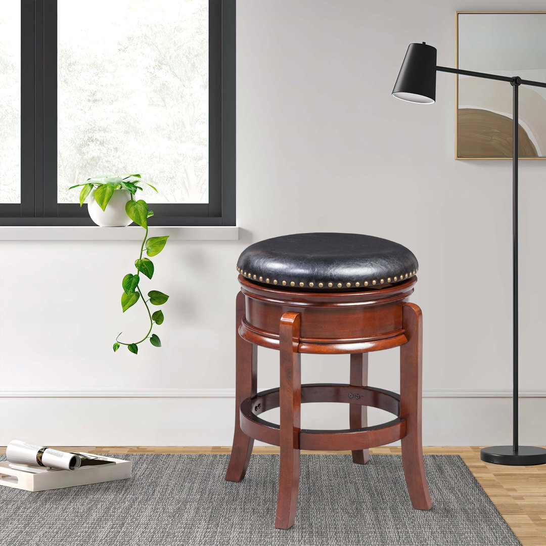 Sabi 24 inch Swivel Counter Stool, Solid Wood, Faux Leather Benjara 