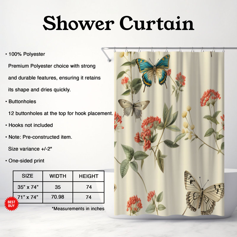 Botanical Flutter - Premium Shower Curtain, 74"H x 71"W