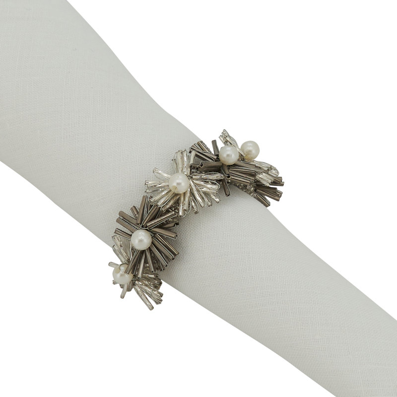 Rond de serviette rond à fleurs perlées, Argent