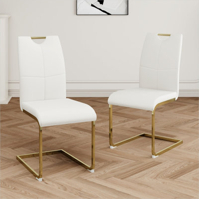 Set of 2 Clean White Faux Leather Side Chairs with Gold Metal Legs, Upholstered Modern Dining Seating for Kitchen or Living Room