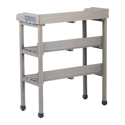 30x14.535.5 Solid Wood Potting Table With Metal Tabletop, 3 - Layer Outdoor Work Bench For Garden, Tier Workstation Hooks, Adjustable Feet Uneven Ground, Quick And Hassle Assembly 30.5l14.6w35.5h