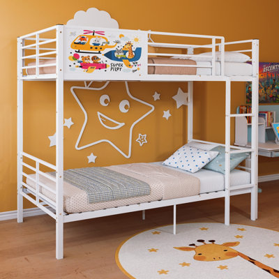 Convertible Metal Bunk Bed For Adults & Kids, Heavy Duty Frame With Guardrail, Ladder, And No Box Spring Needed, White