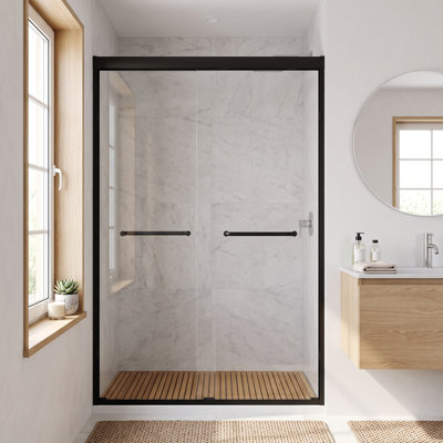 44-48" W × 72" H Double Sliding Shower Door, Aluminum Frame Framed Tempered Glass Shower Enclosure with Explosion‑Proof Safety Film, Matte Black