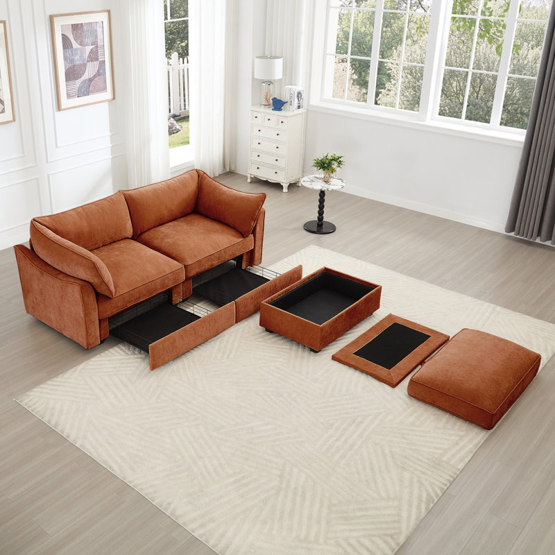 Siège orange à 2 places avec rangement mobile et caché, accoudoir en chenille en forme de croissant, passepoil sur les bords du coussin, tissu doux, convient aux tiroirs de rangement Nordic Interior Styles, tissu