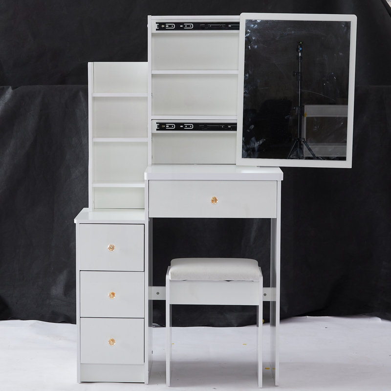 Petit meuble-lavabo compact avec miroir coulissant et tabouret de rangement, White