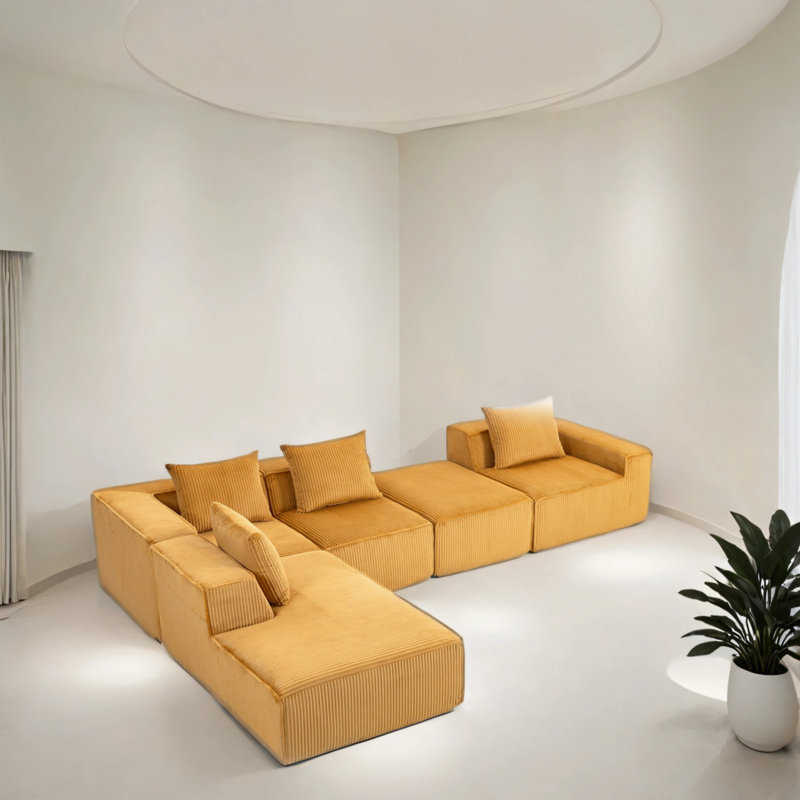 Canapé modulaire en velours avec repose-pieds, Velours côtelé orange