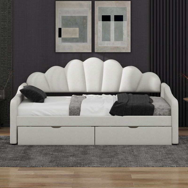Full Size Modern Upholstered Sofa Day Bed With Shall Shaped Backrest & Storage Drawers, Beige