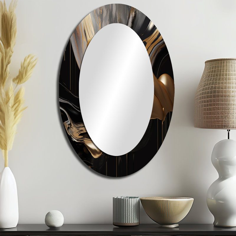 Or et noir captivant marbre II - décor de miroir mural ovale doré, 36 po x 24 po