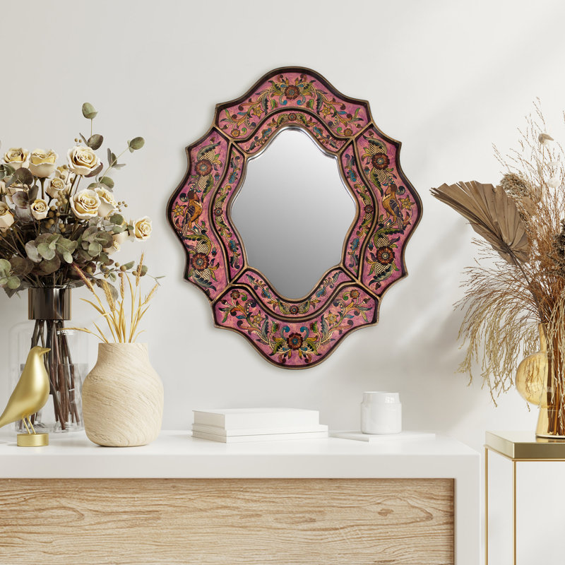 Ikra Wood Wall Mirror, Pink/Gold, 23.5" x 19.75"
