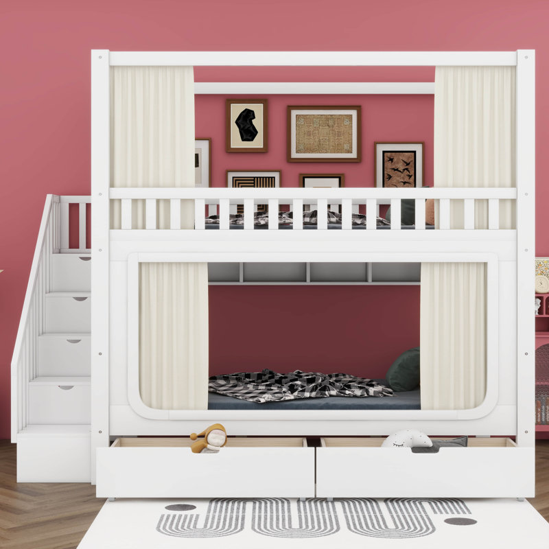 Lit superposé en bois avec escalier de rangement, tablettes de rangement, rideaux d'intimité, lumières DEL et tiroirs sous le lit