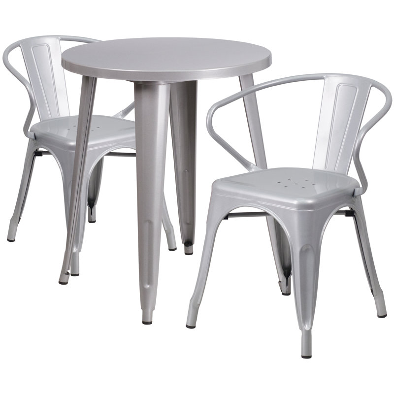 Duluth 30'' Round Metal Indoor-Outdoor Table Set with 2 Arm Chairs, Silver, 29" H x 24" W x 24" L