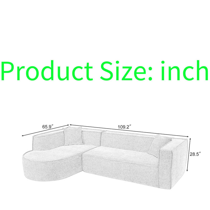 Canapé modulaire en chenille moderne avec méridienne incurvée, aucun assemblage requis, coussins en mousse haute densité, tissu infroissable, comprend 2 coussins décoratifs, parfait pour le salon