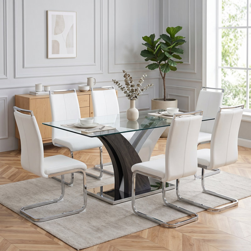 Modern 7-Piece Dining Set with Faux Leather Chairs and Rectangle Tempered Glass Table, White