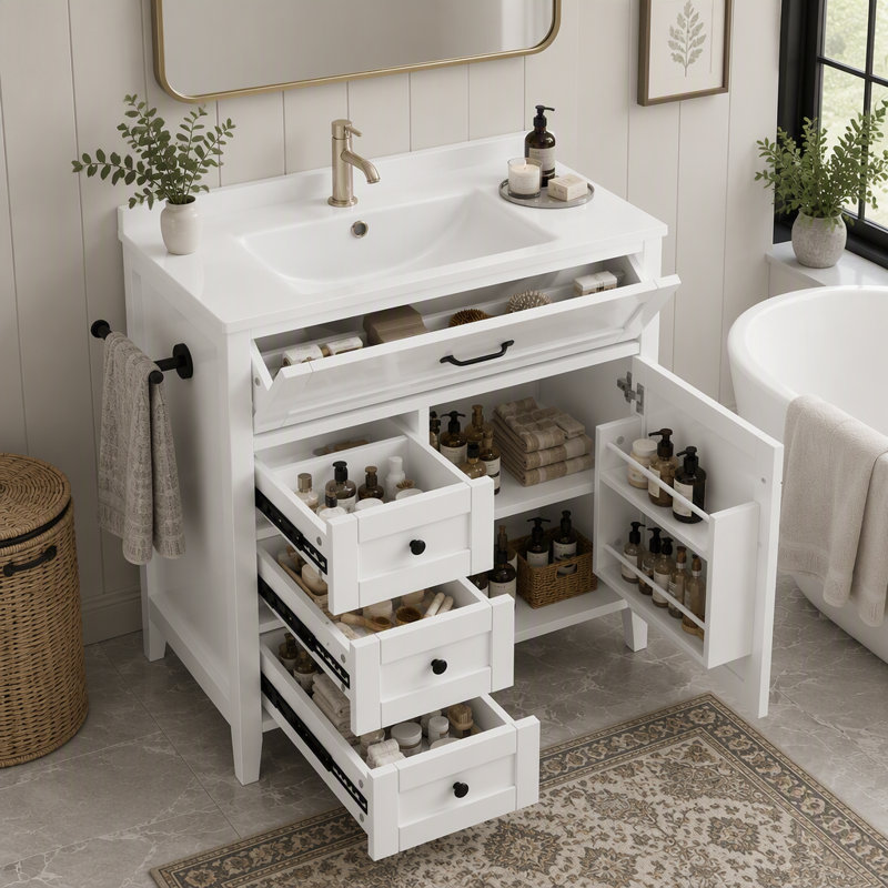 Meuble-lavabo autoportant de style campagnard de 76 cm avec lavabo en céramique, 3 tiroirs, rangement inclinable et porte-serviettes réversible