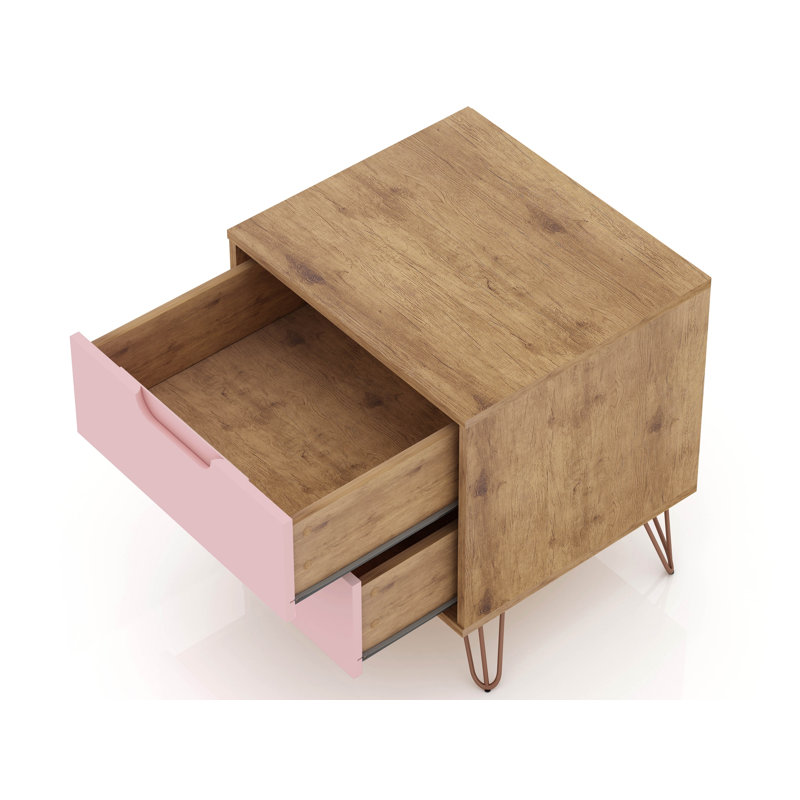 Rockefeller 20" Mid-Century Modern 2-Drawer Nightstand in Pink, Nature/Rose Pink