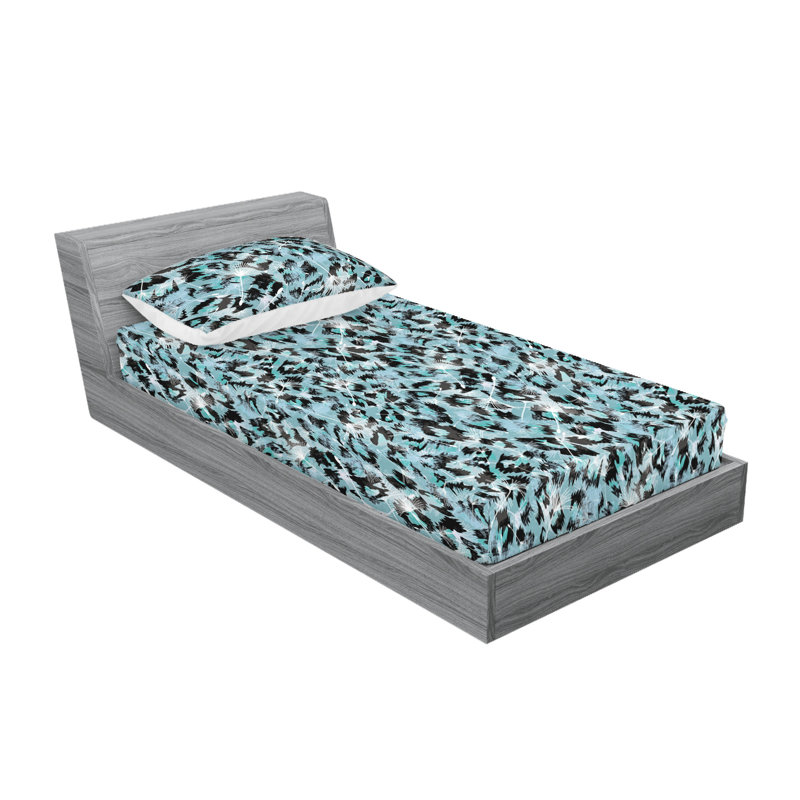 Drap-housse et taies décoratives 3 pièces Ambesonne, Bleu sarcelle, gris anthracite, gris, blanc / flor