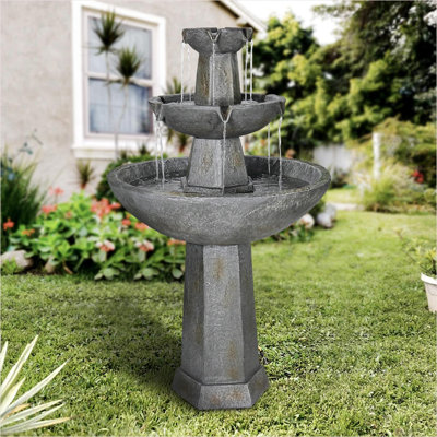 Fontaine d'extérieur traditionnelle à 3 niveaux Fountains Patio, H 43,3 po, pompe certifiée UL | Gris ardoise | Fabrication en béton