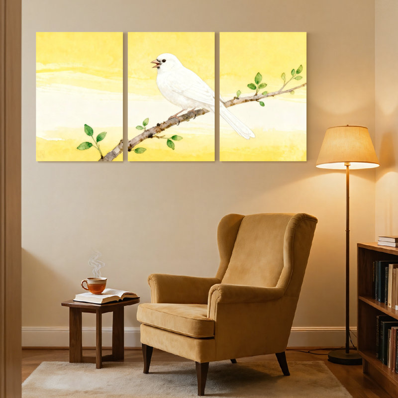 Oiseaux oiseaux blancs sur une branche avec fond jaune, ensemble de 3 impressions d'art sur toile, H 24 po x l 48 po