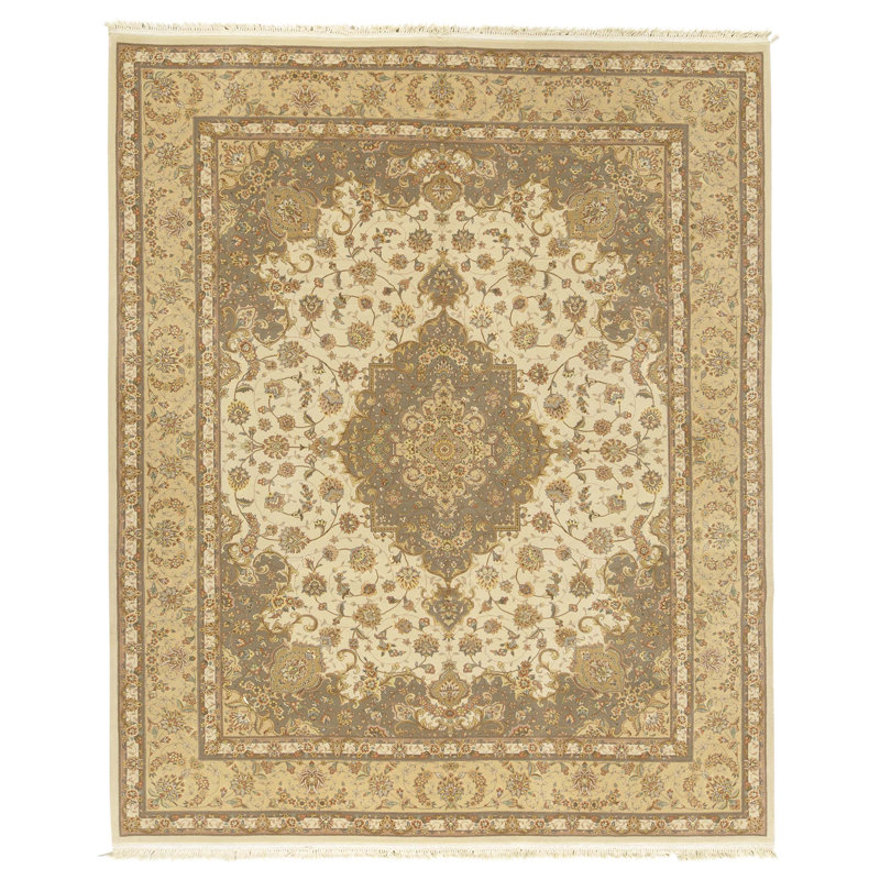 Tapis crème et doré de haute qualité noué à la main