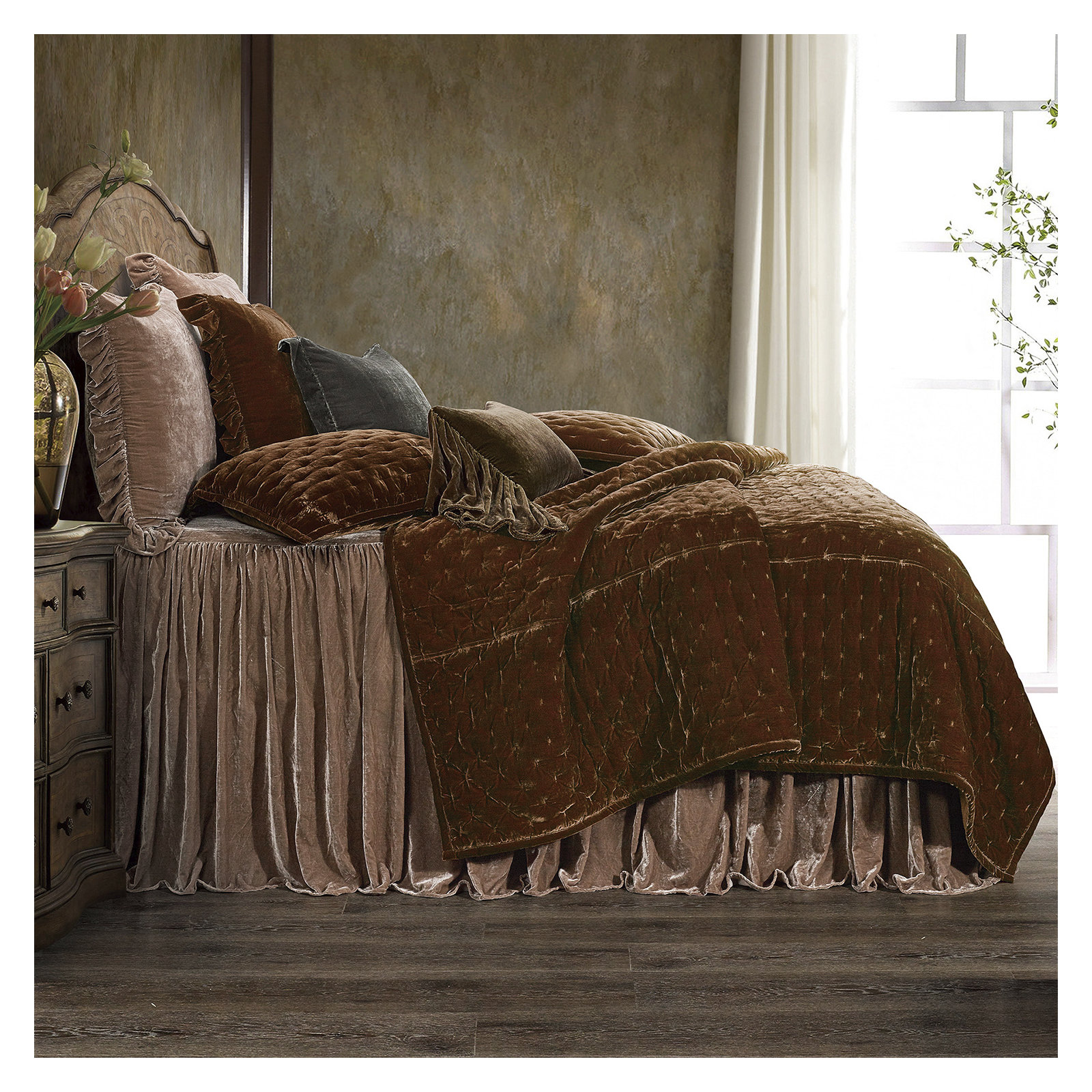 Stella Faux Silk Velvet Classic Chic Modern Rustic Romantic Western 1 Piece Quilt, Copper Brown, Queen Quilt