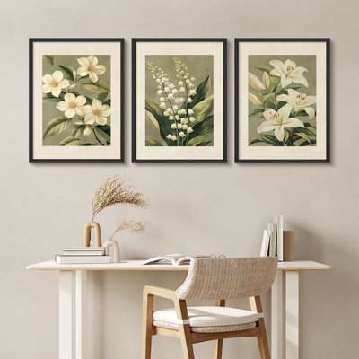 Vintage Botanical Flowers 3 Piece Framed Wall Art Set - Cream Lily and Garden Plant Prints for Dining Room or Entryway Decor