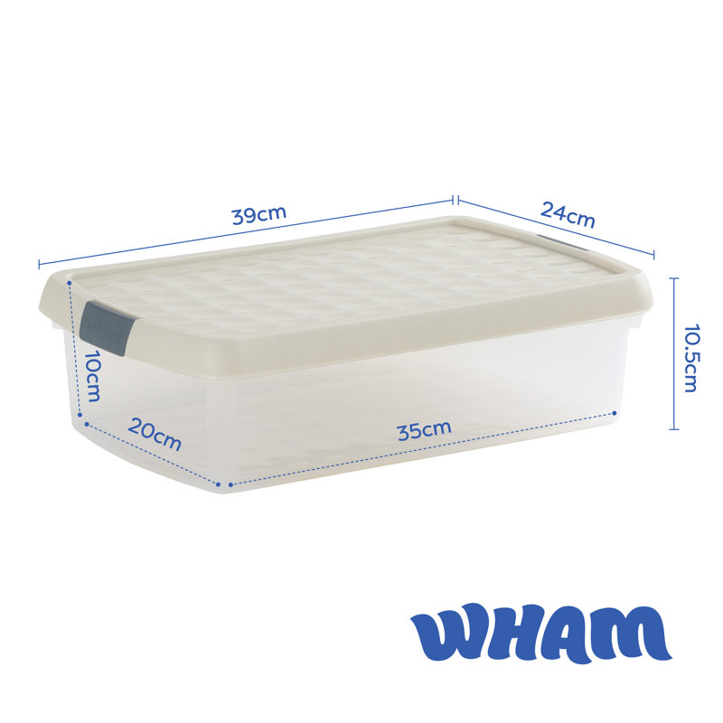 Wham Clip 7L Rectangular Plastic Storage Boxes with Secure Clip Lock Lids. L:39 x W:24 x H:10.5cm Clear/Stone/Slate Grey