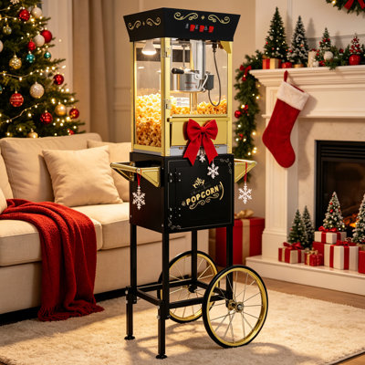 Machine à maïs soufflé commercial 12 oz, chariot à maïs soufflé, avec bouilloire en acier inoxydable, lumière chauffante et accessoires pour les fêtes à domicile et les salles de cinéma, noir
