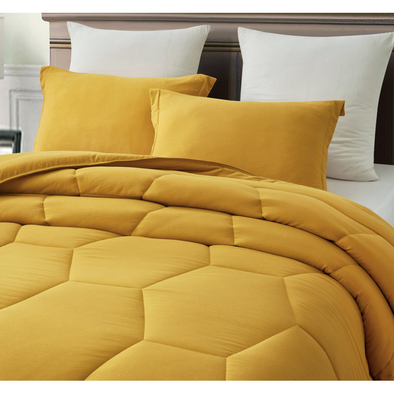 Washed Microfiber Bedding Honeycomb Comforter Set, Full/Double Comforter + 2 Standard Shams, Mustard Yellow