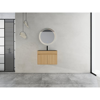 Armoire de salle de bain murale 28 po, avec lavabo en acier inoxydable et tuyau de vidange flexible, porte à fermeture en douceur, chêne, contreplaqué, emballage KD