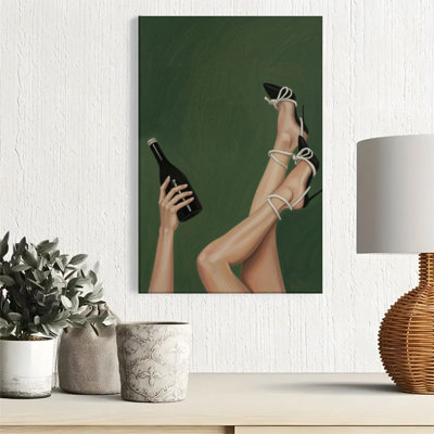 1pc Framed Canvas Wall Art Prints Poster, Close-up of a Woman's Legs, High Heels and a Bottle of Wine, Neo-Realist Painting Style Art Posters Canvas Print Painting for Living Room Bedroom Office Bathroom Dorm Home Decor, Ready To Hang