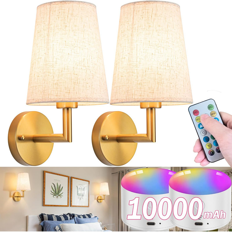 Wall Sconce Battery Operated Wall Light Fixure With Remote Control, Dimmable Battery Operated Wall Sconces Set Of Two, Indoor Wireless Wall Mounted Lamp With Rechargable Bulb For Bedroom Living Room