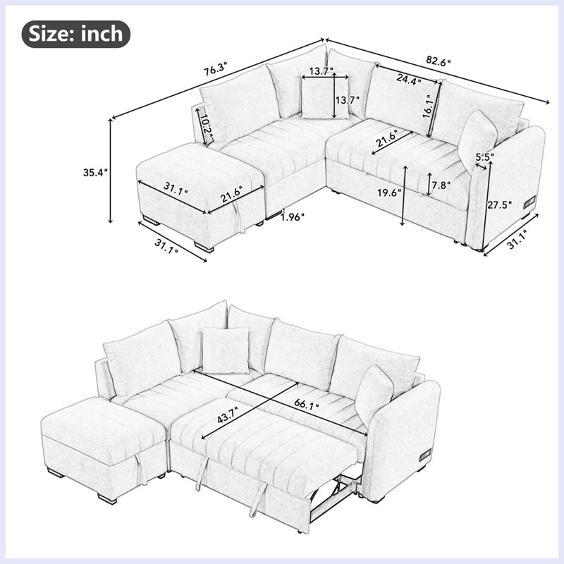 L-shaped Sectional Pull Out Sofa Bed Sleeper Sofa with Two USB Ports, Two Power Sockets and a Movable Storage Ottoman