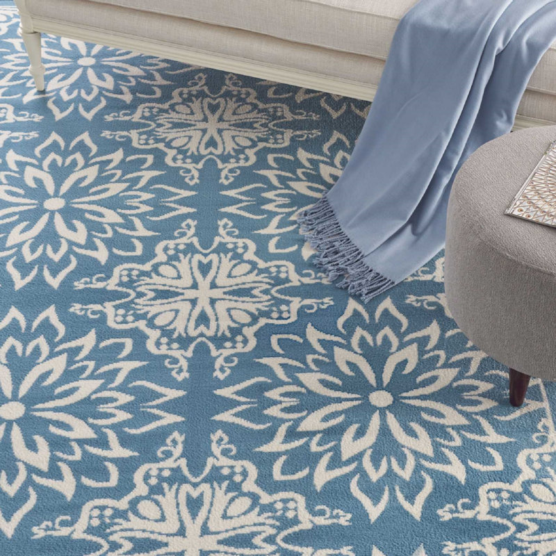 Tapis floral ivoire / bleu Yurig, Rond 5 pi 3 po