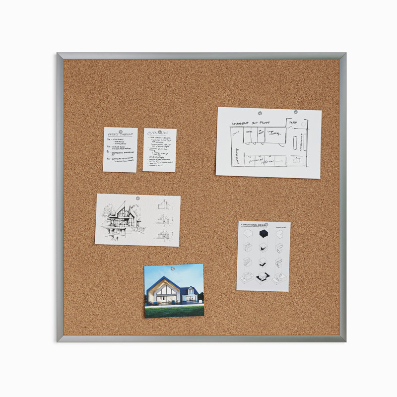 Wall Cork Bulletin Board, 3' H x 3' W, Silver