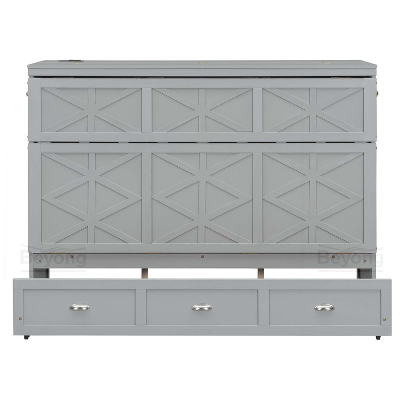 Grand lit escamotable avec grands tiroirs et USB, gris brossé, gris