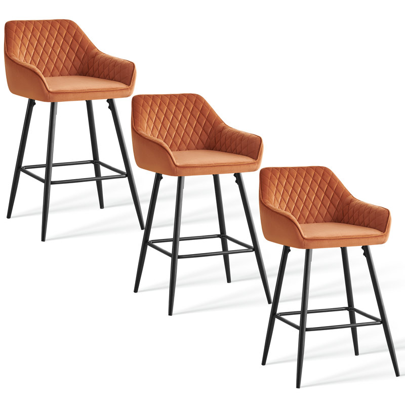 Saarrah 68cm Upholstered Bar Stool with Arm, Orange Velvet, 3