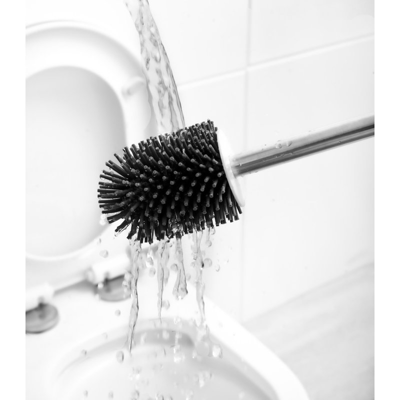 Toilet Brush With Drainage Holder Set,Flex Silicone Anti-Clog Anti-Drip Brush Head, White/Grey Colour With Stainless Steel Handle, 2-Pack With Diatomite Drying Pad