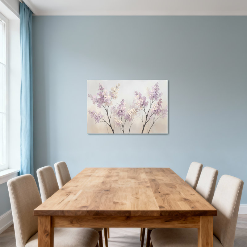Plantes et fleurs mauves sur fond clair, H 32 po x l 48 po