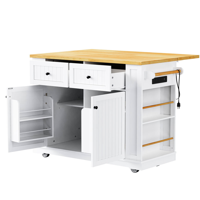 Îlot de rangement pour cuisine de 48 po avec 2 tabourets de bar, 5 espaces internes mobiles, abattant rabattable, électrique, tiroirs, options de sièges de chariot blanc ambiance luxueuse, roues rotatives, plateau de travail à rallonge, douilles,