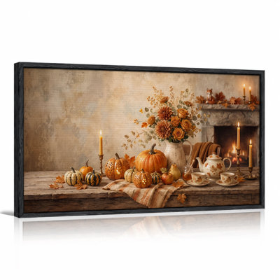 Art sur toile, citrouilles orange et arrangement floral près d'Halloween