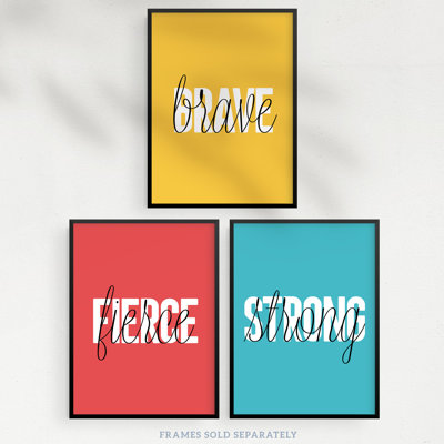 Brave Fierce Strong Capital Lowercase Letters Yellow Red Blue - 3 Piece No Frame Print Set