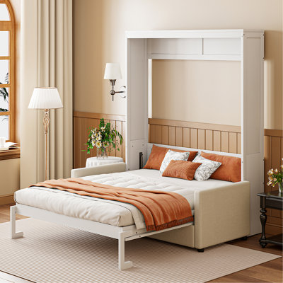 Lit double blanc avec coussin et lit - Fusion, espace pour, rangement simple, l 65,6 po x L 83,1 po, H 83,6 po, élément mural idéal pour une vie en appartement idéale