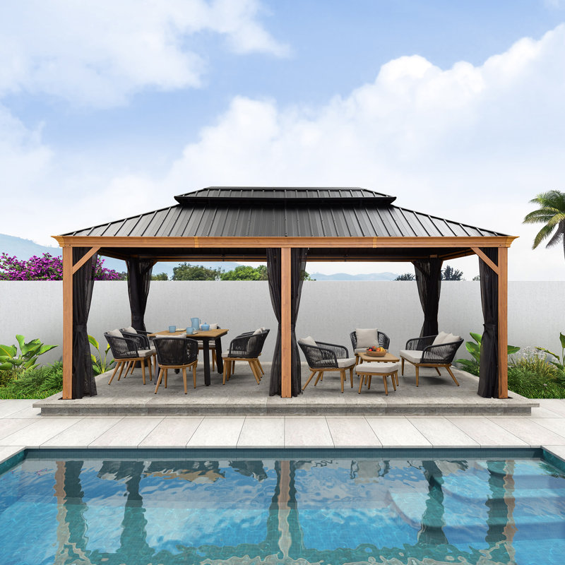 PURPLE LEAF Hardtop Gazebo for Patio Wood Grain Galvanized Steel with Netting, 12' X 20'