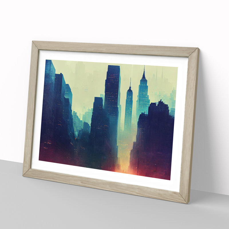 New York City Skyline Vol.2 Abstract 1 Piece Single Picture Frame Wall Art, 34cm H x 46cm W, Oak