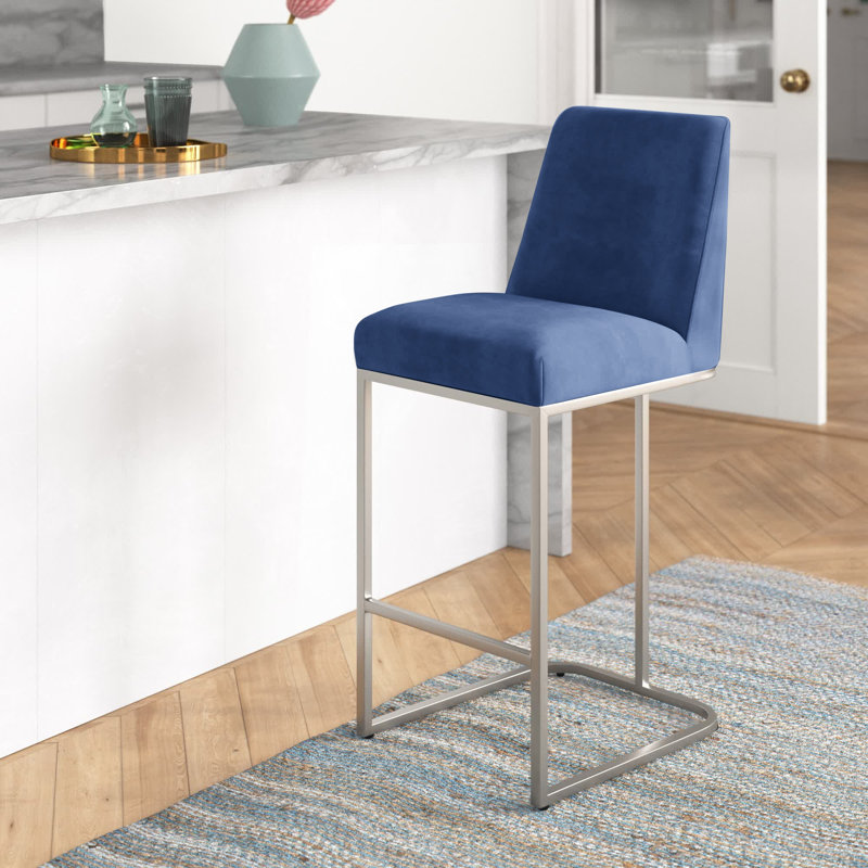Tabouret Harrill, Bleu, Tabouret de bar (siège d'une hauteur de 28,5 po), Argent