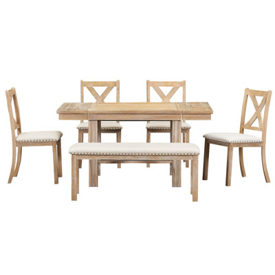 Farmhouse 6-Piece Extendable Dining Set with Footrest, 4 Upholstered Chairs & Bench, 82" Table, Natural+Beige
