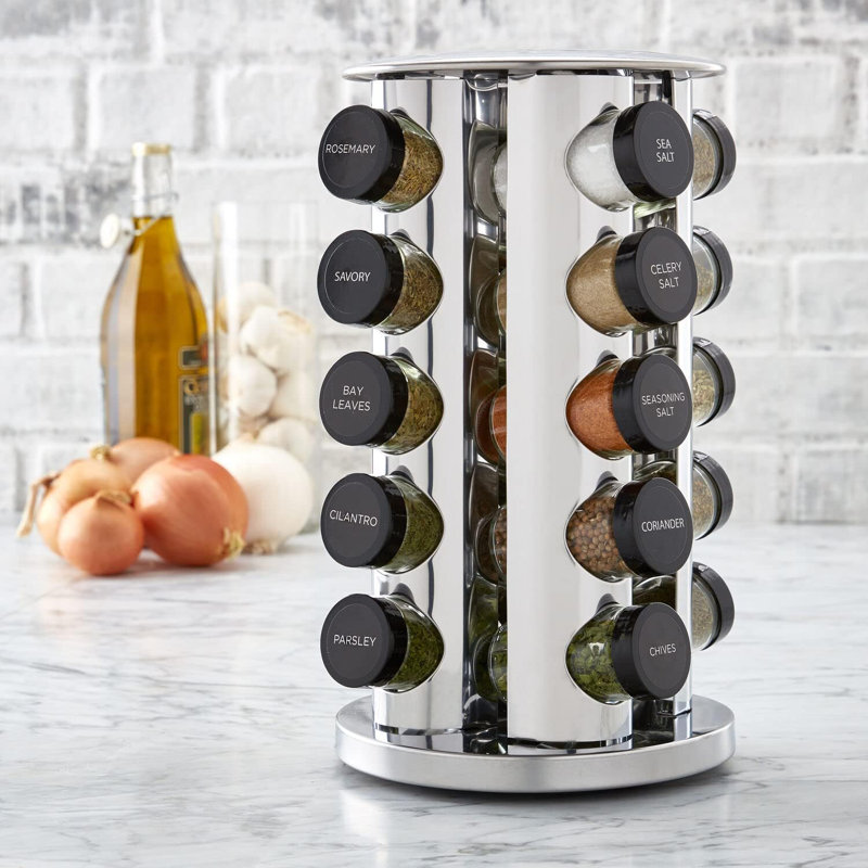 Support à épices rotatif pour comptoir de 20 pots avec épices incluses, recharges d'épices gratuites pour 5 ans, acier inoxydable poli