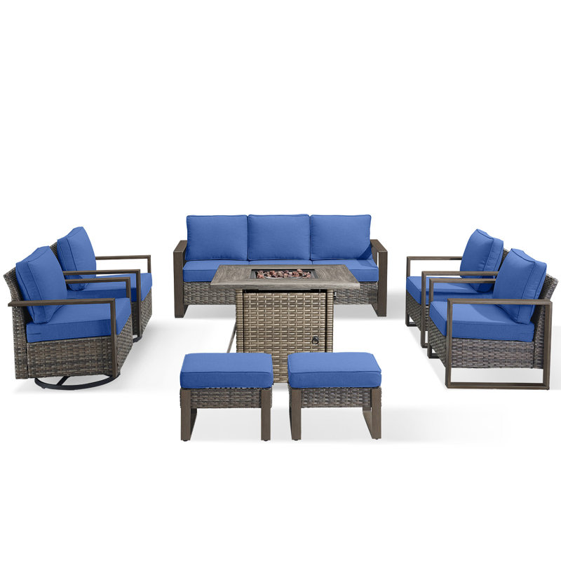 Palomares 8-Piece Outdoor Conversation Set With Swivel Gliders And Square Fire Pit Table, 9-Person Wicker Patio Seating With Armchairs